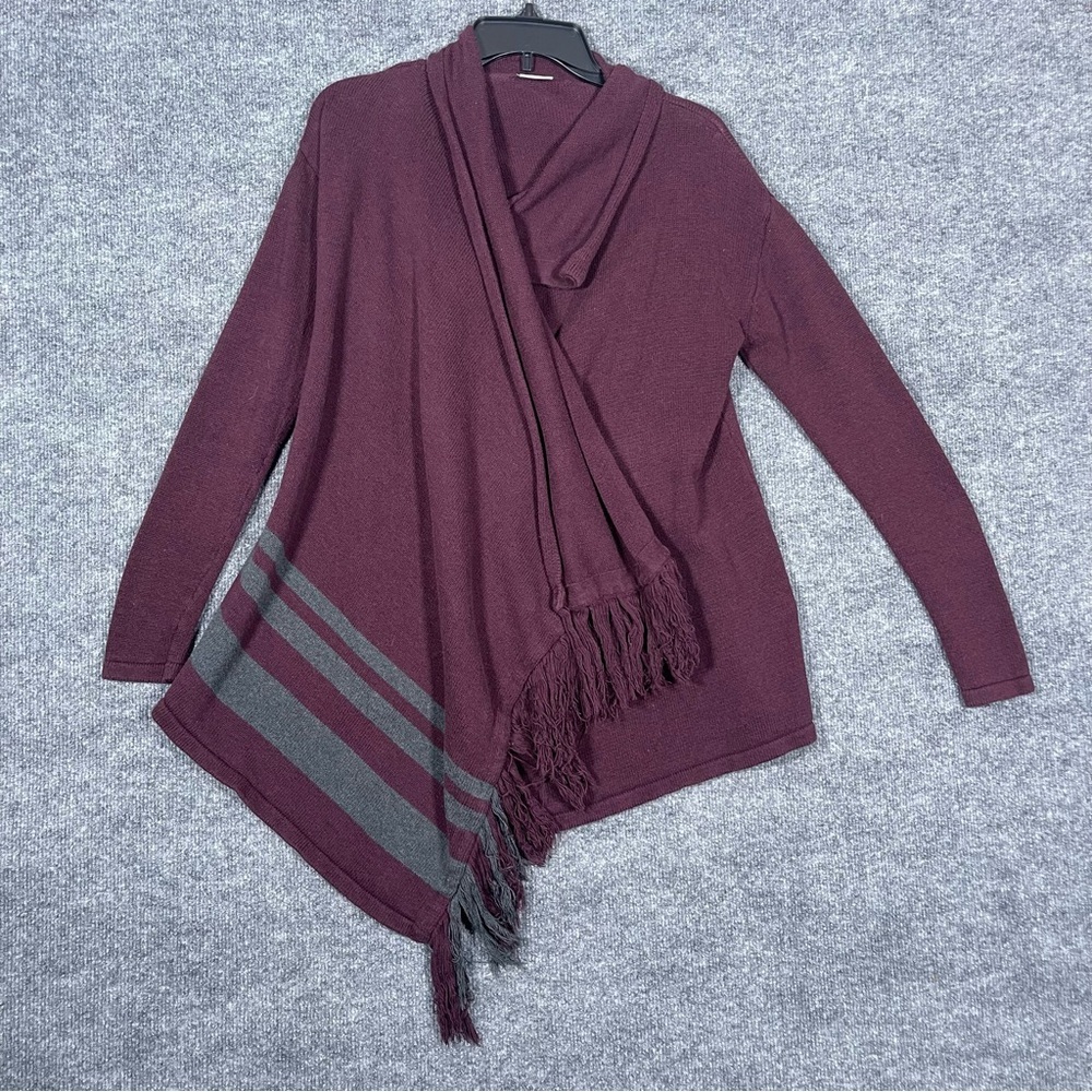 Cabi Women’s XS Purple Gray‎ Stripe Port Fringe Wrap Sweater Cardigan Poncho